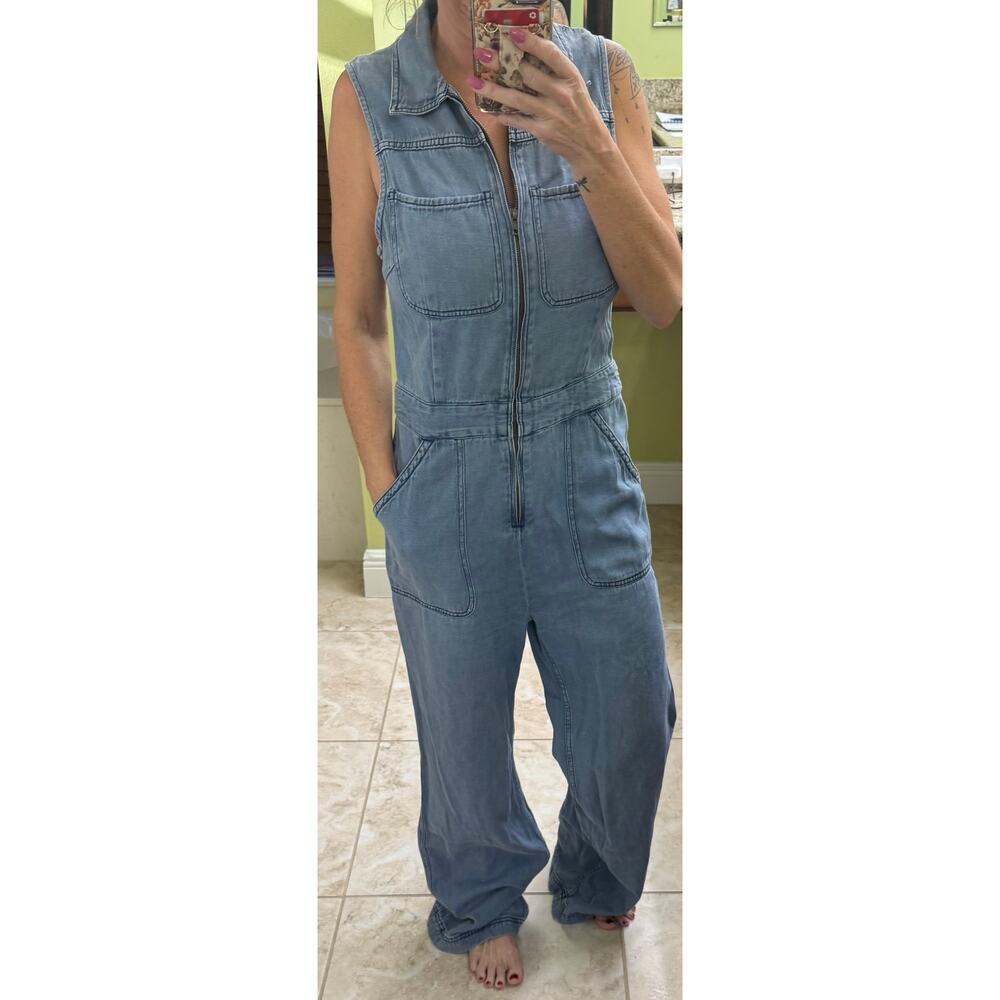 Free People sleeveless denim zip jumpsuit size 10 wide leg drop waist vintage - Picture 2 of 6